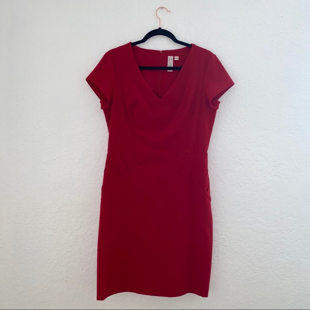 wide, knee height red dress